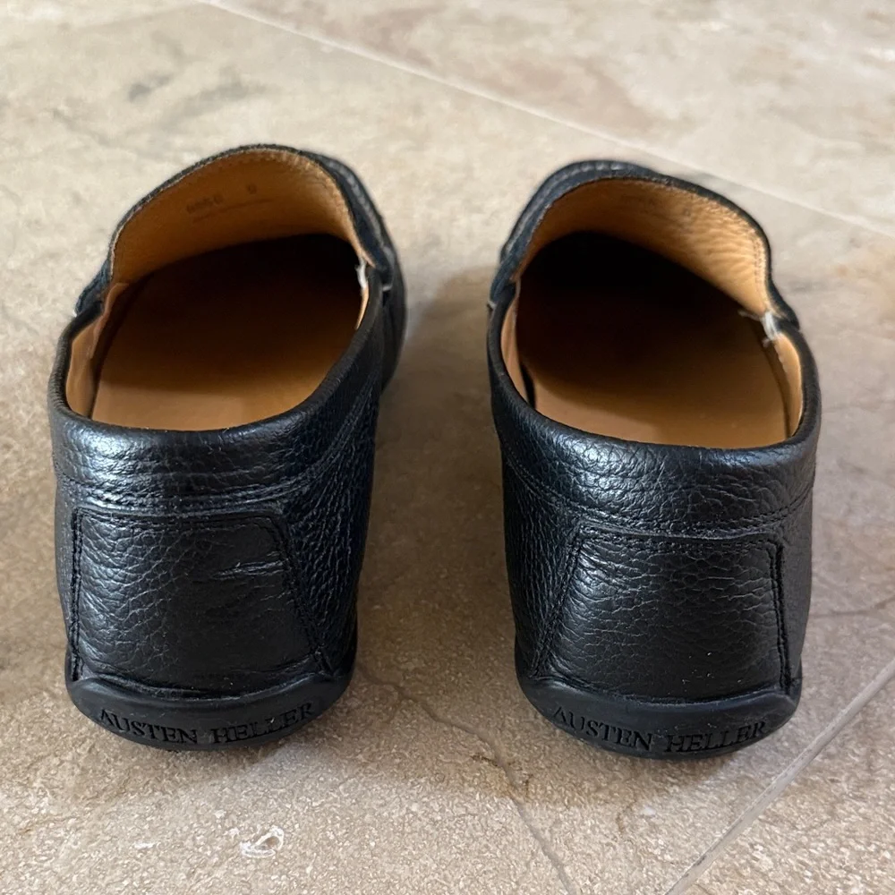 Austen Heller Black Pebble Leather Penny Loafers with Tan Insole